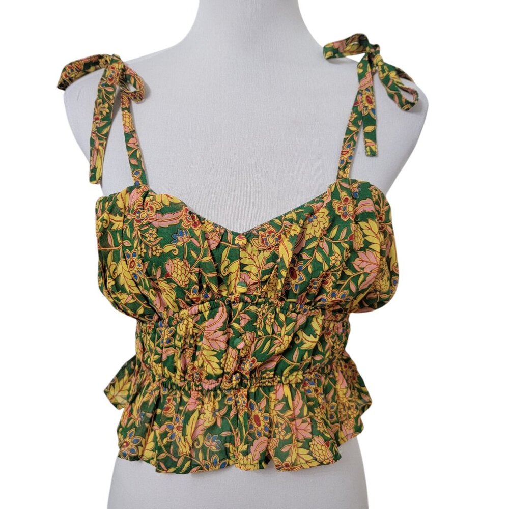 Japna Size S Emerald Green with Yellow and Pink Floral Pattern Halter Top NEW